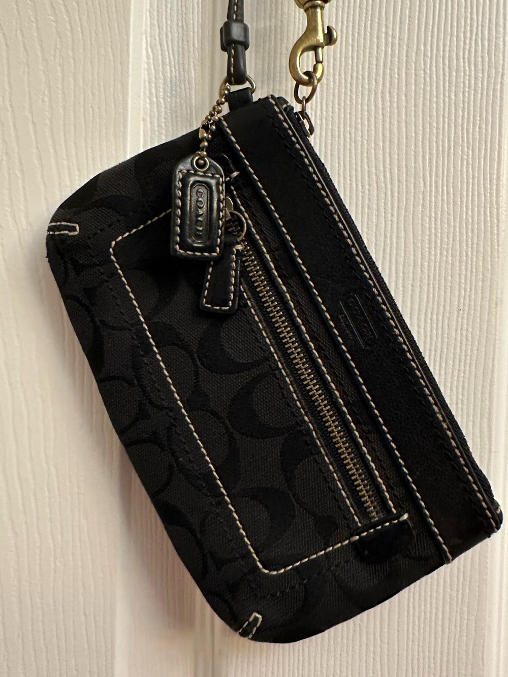 Coach Black Signature Wristlet with Brass Hardware and White Stitching